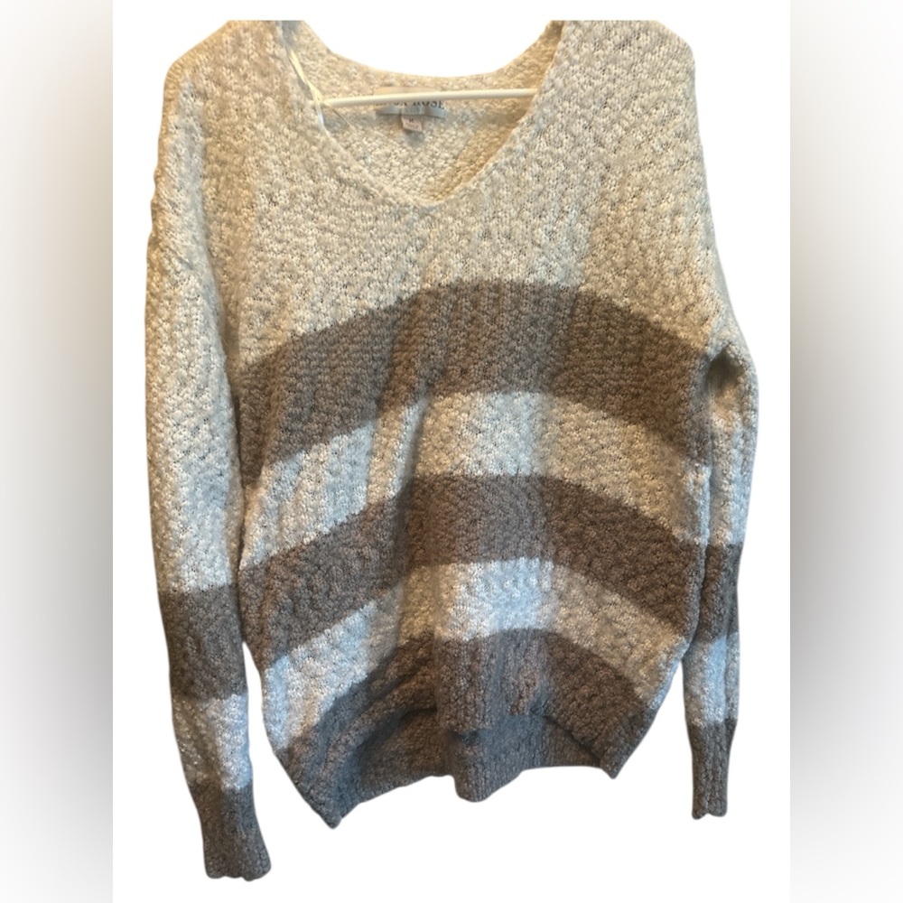 Knox Rose Cream and Brown V-Neck Striped Sweater